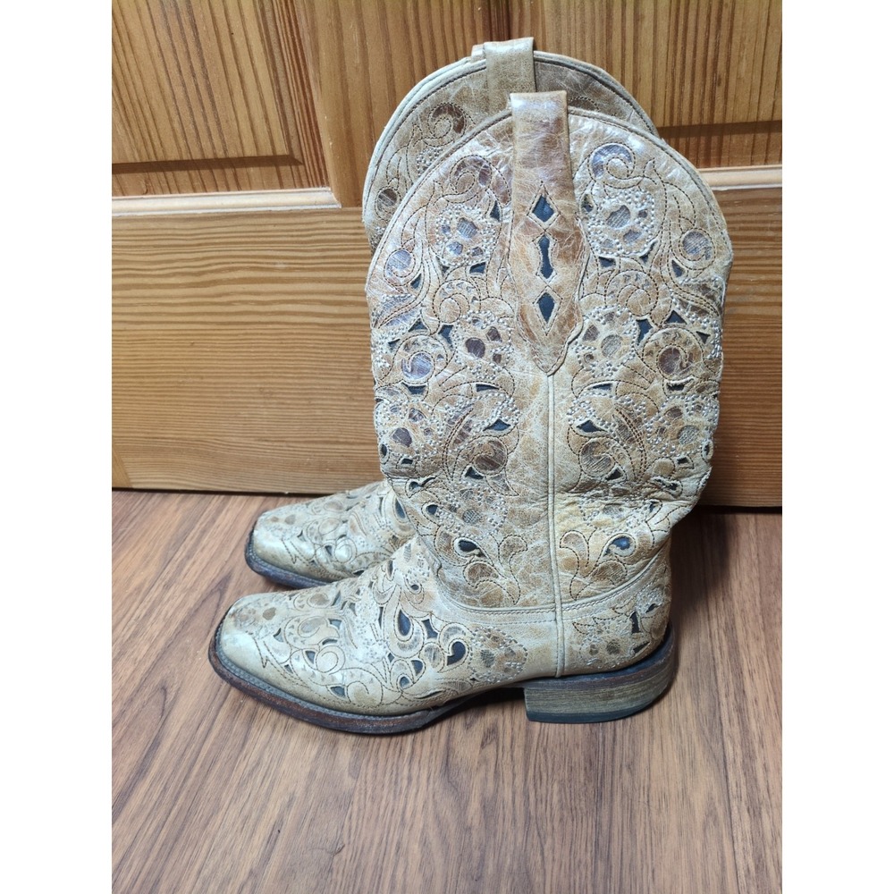 Corral Vintage Antique-ish Saddle Brushed Laser Brown Tan boots Women's Sz 8 M - Picture 4 of 15
